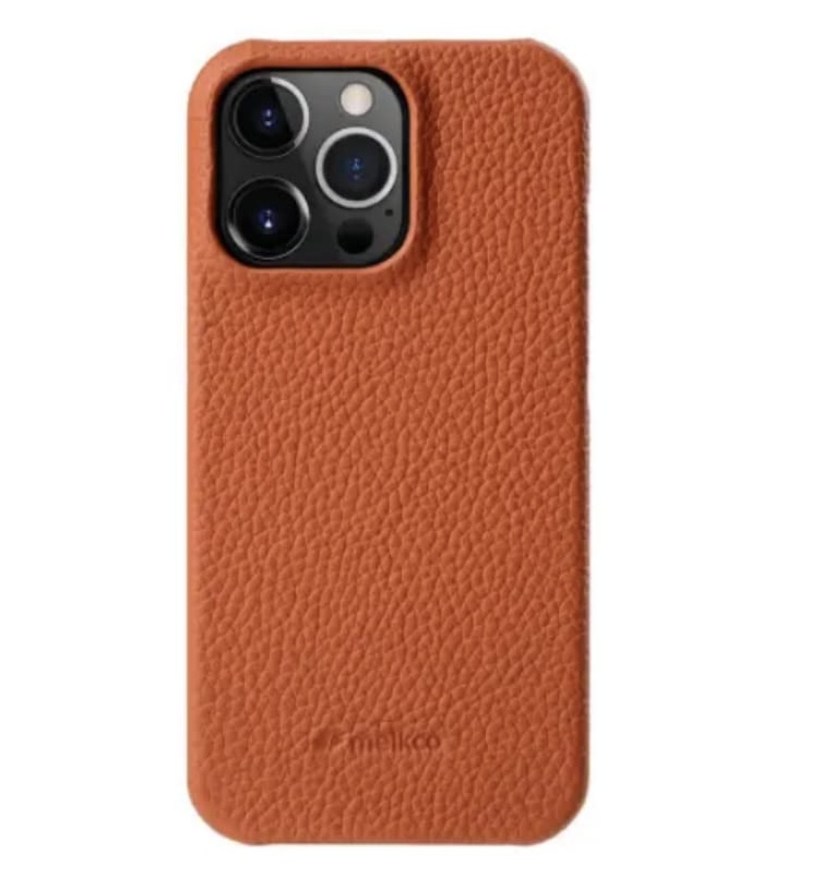 Melkco Back Snap Series Lai Chee Pattern Premium Leather Snap Case for iPhone 14 Pro Max (Orange)