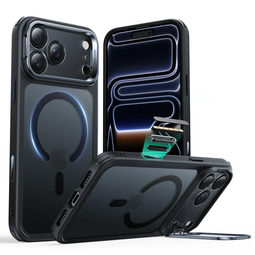 ESR Classic Hybrid Magnetic Case (Camera Control,Stash Stand) for iPhone 17 Pro/18 Pro (Clear Black)