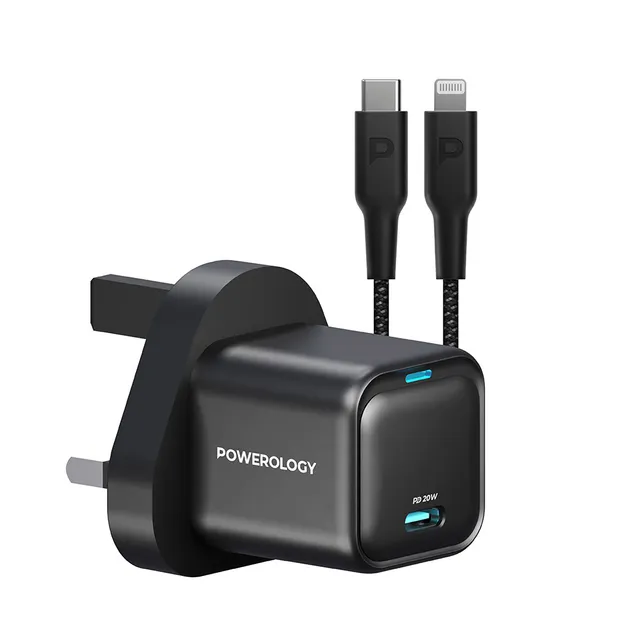 Powerology Ultra-Compact GaN Charger With USB-C To Lightning Cable 1.2m/4ft (Black)