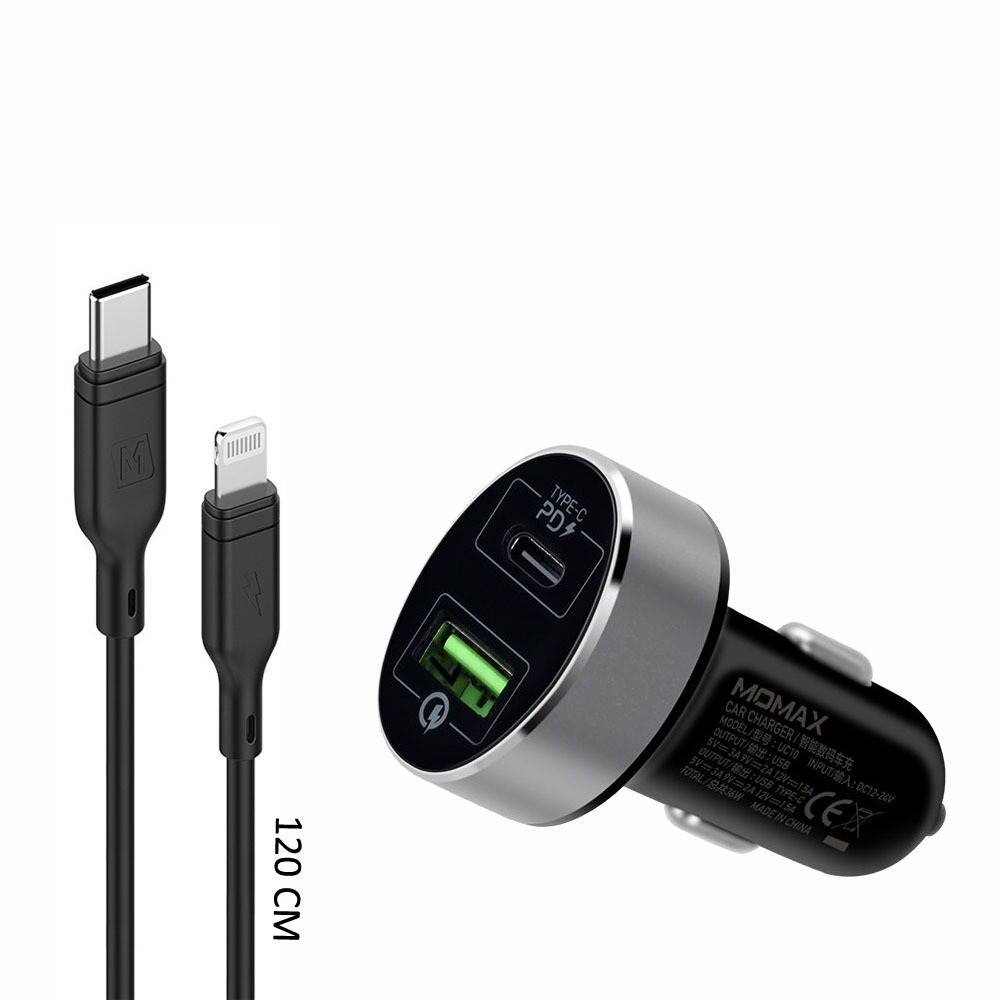 Momax 2 IN 1 USB-C PD Car Fast Charger 20W with Lightning Cable (Black)