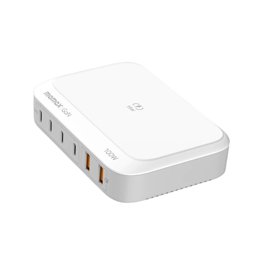 [UM28UKW] Momax Q.PLUG BOX 100W 6-Port GaN with Wireless Charging (White)