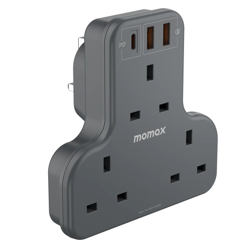[US6UKE] Momax OnePlug  3-Outlet T-shaped Extension Socket With USB (Grey) 