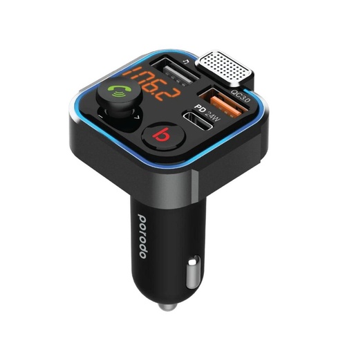 [PD-FM42WBB-BK] Porodo Smart Car Charger FM Transmitter With 24W PD Port and QC3.0