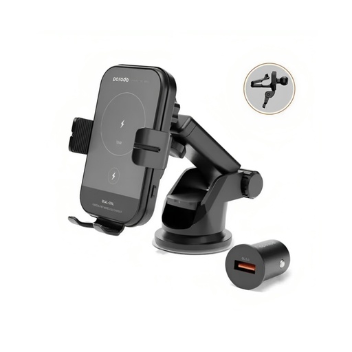 [PD-WCM15W-BK] Porodo 3 In 1 Car Charger Mount 15W With QC3.0 Car Charger