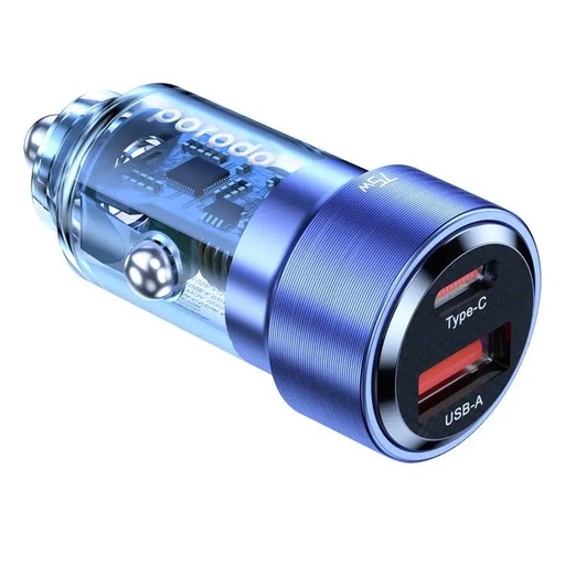 [PD-75TDCC-BL] Porodo 75W Dual Port Transparent Aluminum Car Charger (Blue)