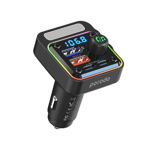 [PD-FMT36W-BK] Porodo Quick-Charge FM Car Charger Dual USB-C &amp; USB-A