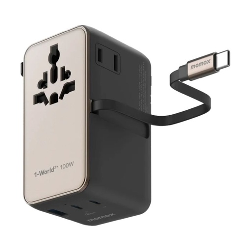 [UA25L] Momax 1-World2+ 100W 4-Port Dual AC Travel Adaptor with Built-in retractable Cable (Titanium)