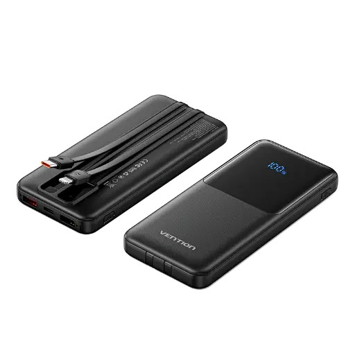 [FHOB0] Vention Power Bank 10000mAh with Built-in USB-C and Lightning Cables (Black)
