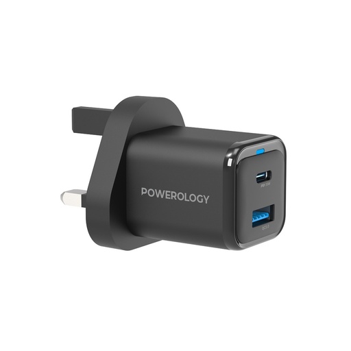 [PWCUQC023-C] Powerology Dual Port Super Compact Quick Charger With USB-C To USB-C Cable 1.2M (Black)