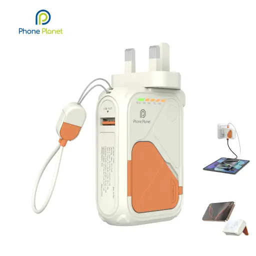 [PP-PB225W08-UK] فون بلانيت بطارية متنقلة مغناطيسية  10 في 1 بقوه 10000  مع حامل جوال مدمج (أبيض)