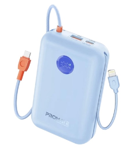 [PowerPod-30.Blue] بروميت باور بنك بسعة 30000مع شحن سريع  بقدرة 35 واط وكابلات مدمجة يواس بي سي  ولاتنينغ  (أزرق)
