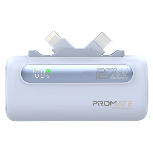 [POWERUP-DUO.Blue] Promate Dual Folding USB-C & Lightning Power Bank 5000mAh (Blue)