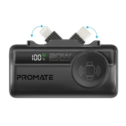 [PowerUp-Trio.Black] Promate Dual Folding USB-C  &  Lightning with Apple Watch Charge Power Bank 5000mAh (Black)