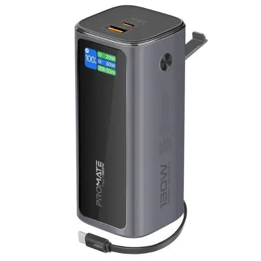 [Titan-130RC] Promate Aluminum Crafted  With Retractable USB-C Cable 130W   & TFT LCD Screen Power Bank 20000mAh (Black)