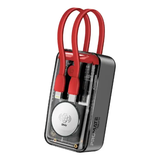 [Mavrix.Red] Promate 10000mAh Transparent Smartphone and Apple Watch Charging Power Bank with USB-C & Lightning Cable (Red)