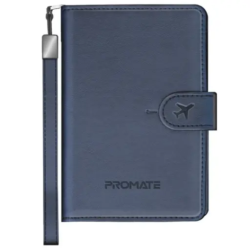 [PassMate.Blue] Promate Slim Leather Passport Holder with RFID Protection & Smart Tracking (Blue)