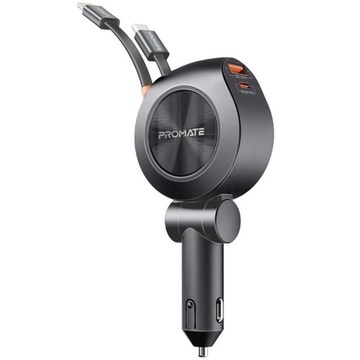 [DRIVEGEAR-R2] Promate Car Charger 88W Dual Retractable USB-C & Lightning Cables 80CM (Black)