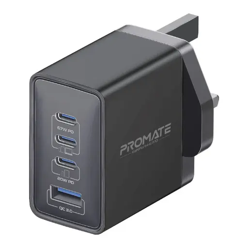 [GANPORT4-67PD.Black.UK] Promate Charging Adapter 67W PD GaNFast™  (Black)