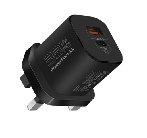 [PowerPort-33.Black.UK] Promate Charging Adapter 33W PD GaNFast™ (Black)