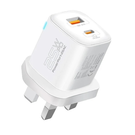 [PowerPort-25AC.White.UK] Promate Charging Adapter 25W PD and QC 3.0 (White)
