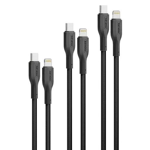 [CableKit-Ci] Promate Cable Kit 27W PD 3Pcs High Tensile Strength USB-C to Lightning (Black)