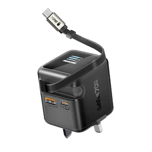 [Cubix-R70.UK.Black] Promate 70W GaNFast™ Wall Charger w/ USB - C Cable (Black)