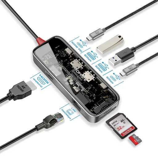 [TransHub-Mini] موزع USB-C متعدد المنافذ 8 في 1 بقدرة 100 واط (شفاف) Promate 