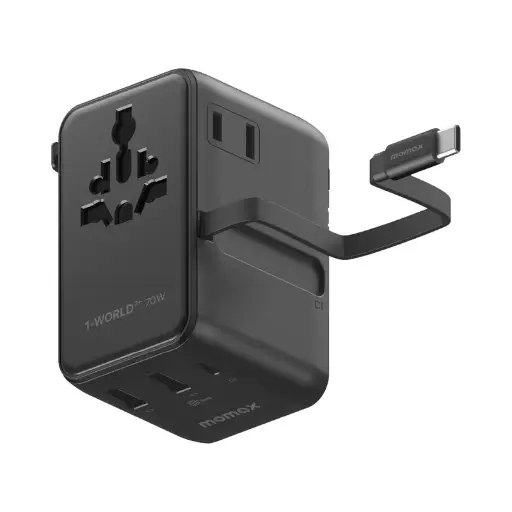[UA30D] Momax 1-World²⁺ 70W 3-Port Dual AC Travel Adapter with Built-In Retractable Cable(Black)