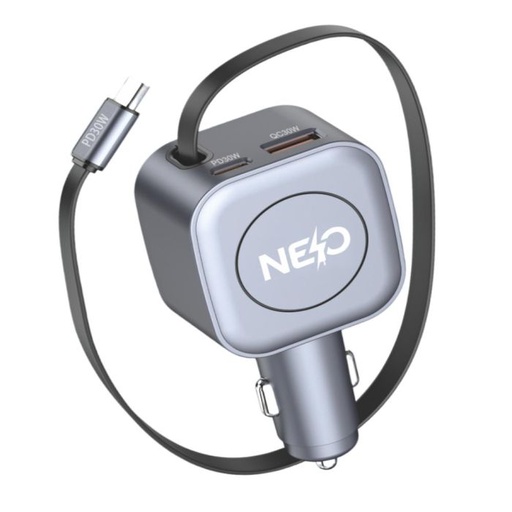 [NE4-C633] NEO Car Charger Auto Pulse 96W Retractable, 3 Ports 2PD  1USB-A (Gray)  