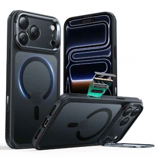 [1A909002] ESR Classic Hybrid Magnetic Case (Camera Control,Stash Stand) for iPhone 17 Pro/18 Pro (Clear Black)