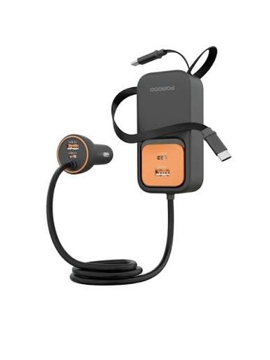 [PDCCR32BK] Porodo Enzo Multi-Port Car Charger Dual 70cm Retractable Cables (Black)