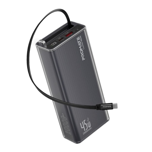 [Lucid-45W.Black] بروميت لوسيد باور بانك 45 واط مع كابل يو اس بي سي  قابل للسحب، سعة 20,000 مللي أمبير (أسود)