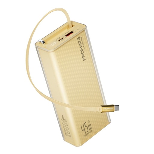 [Lucid-45W.Gold] بروميت لوسيد باور بانك بتصميم شفاف وشحن سريع  بقدرة 45 واط مع كابل يو اس بي سي قابل للسحب، سعة 20,000 مللي أمبير (ذهبي)