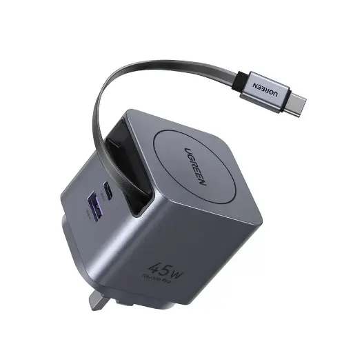 [X614-65823] UGREEN 45W 2-Port GaN Fast Charger with Retractable Cable (Space Gray)