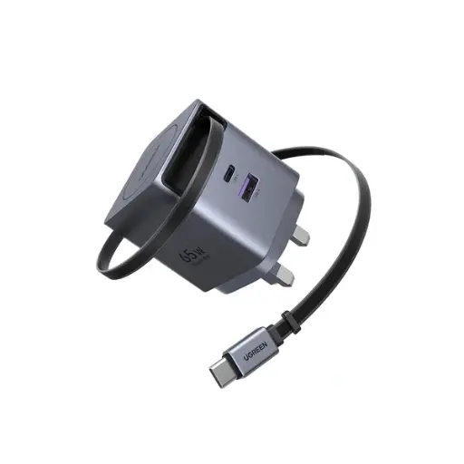 [X615-65826] UGREEN 65W 2-Port GaN Fast Charger with Retractable Cable (Space Gray)