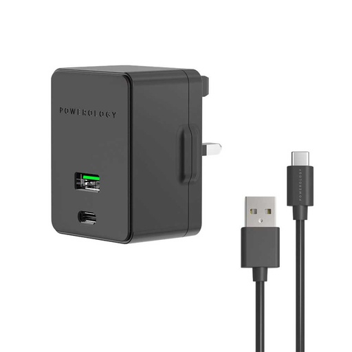 [P36PDQCUKCBK] Powerology Ultra-Quick PD Charger Dual Ports 36W with Type-C Cable 1.2m ( Black)