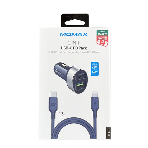 [VPD0086] MOMAX 2 IN 1 USB-C PD Car Fast Charger 20W with Lightning Cable (Blue)