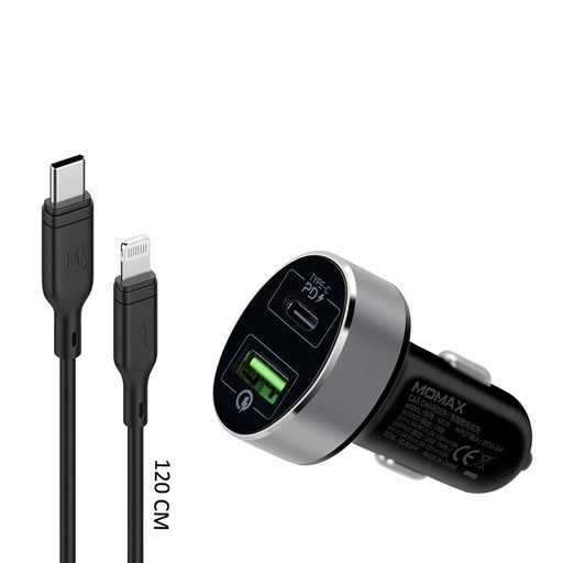 [VPD0087] Momax 2 IN 1 USB-C PD Car Fast Charger 20W with Lightning Cable (Black)